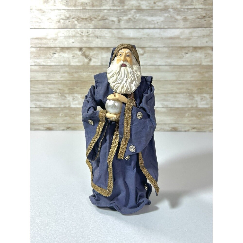 12” Blue Fabric Gold Trim Mache Sorcerer Wizard Figure Magic WizardCrystal Ball
